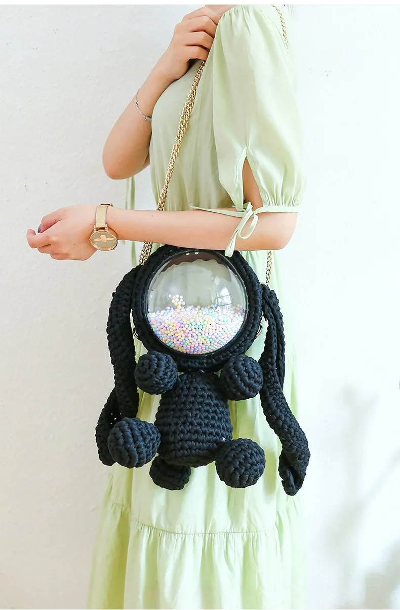 Cute White&Pink Crochet Bunny Backpack Rabbit Crochet Shoulder Bag for Girl Bunny Crochet Crossbody Purse