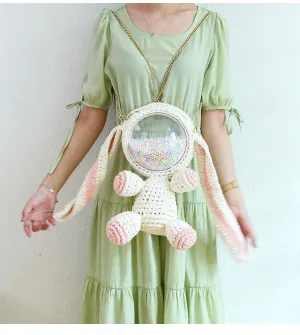 Cute White&Pink Crochet Bunny Backpack Rabbit Crochet Shoulder Bag for Girl Bunny Crochet Crossbody Purse
