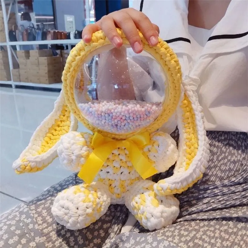 Cute White&Pink Crochet Bunny Backpack Rabbit Crochet Shoulder Bag for Girl Bunny Crochet Crossbody Purse