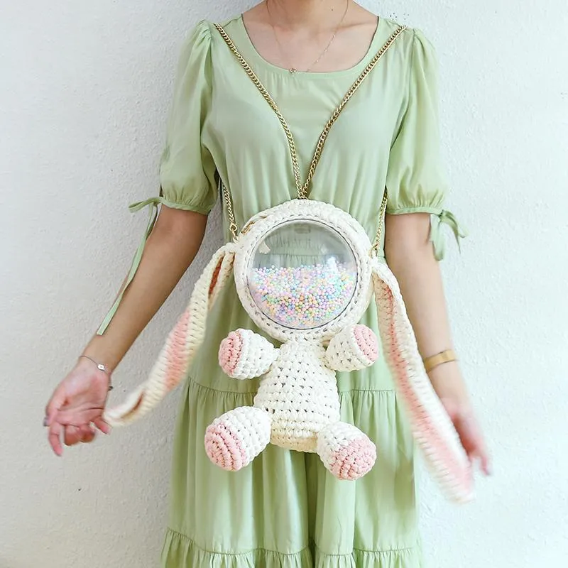 Cute White&Pink Crochet Bunny Backpack Rabbit Crochet Shoulder Bag for Girl Bunny Crochet Crossbody Purse