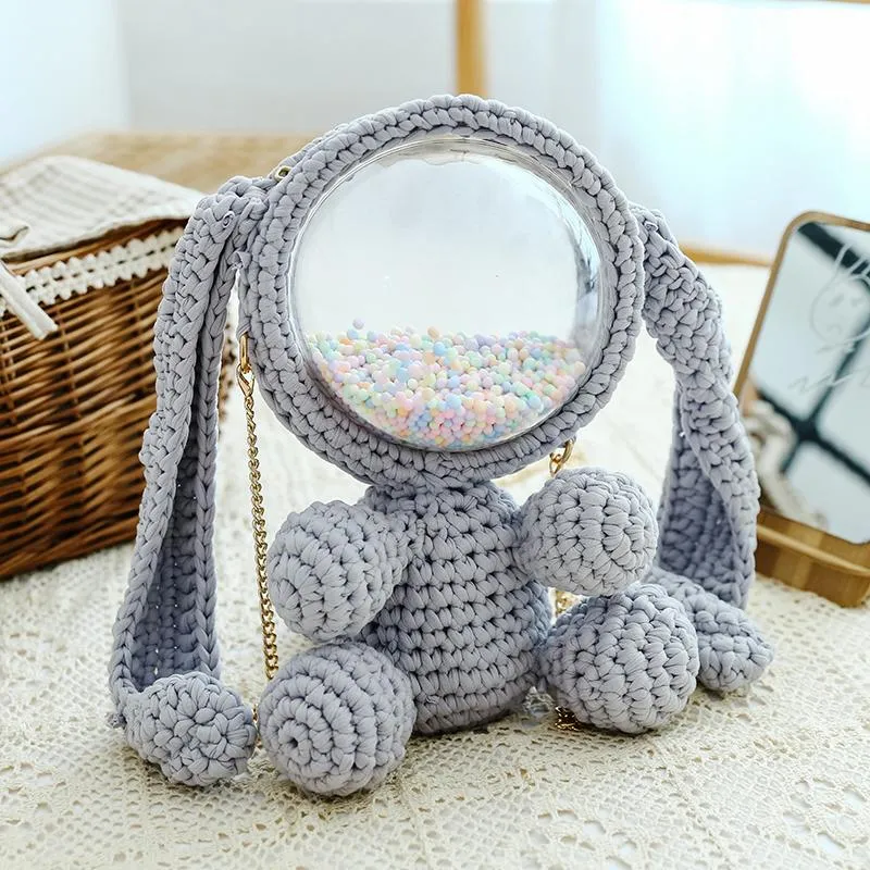 Cute White&Pink Crochet Bunny Backpack Rabbit Crochet Shoulder Bag for Girl Bunny Crochet Crossbody Purse