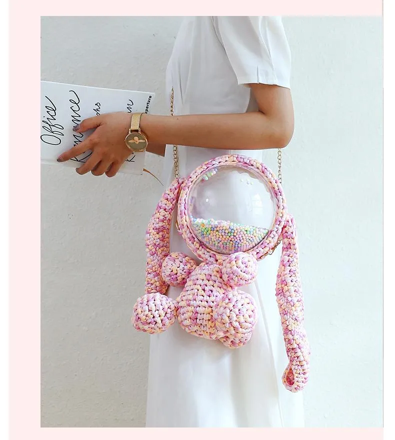 Cute White&Pink Crochet Bunny Backpack Rabbit Crochet Shoulder Bag for Girl Bunny Crochet Crossbody Purse