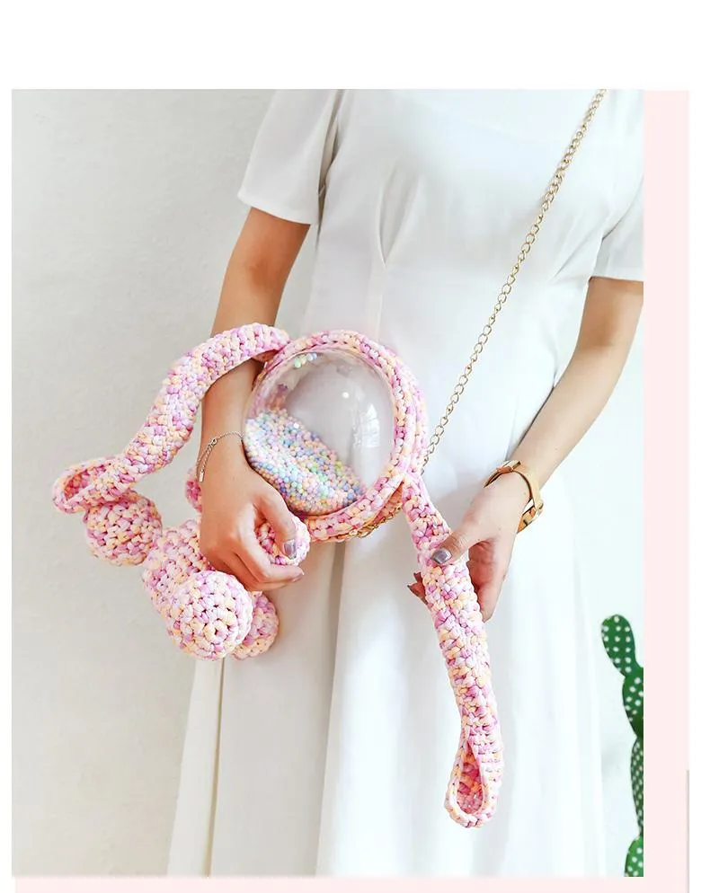 Cute White&Pink Crochet Bunny Backpack Rabbit Crochet Shoulder Bag for Girl Bunny Crochet Crossbody Purse