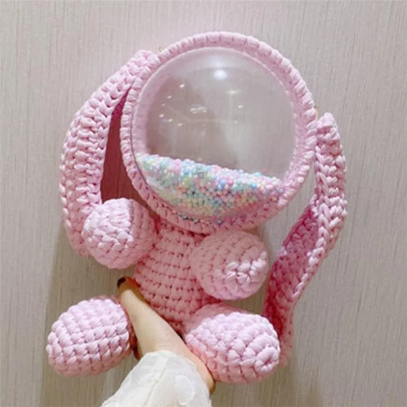 Cute White&Pink Crochet Bunny Backpack Rabbit Crochet Shoulder Bag for Girl Bunny Crochet Crossbody Purse