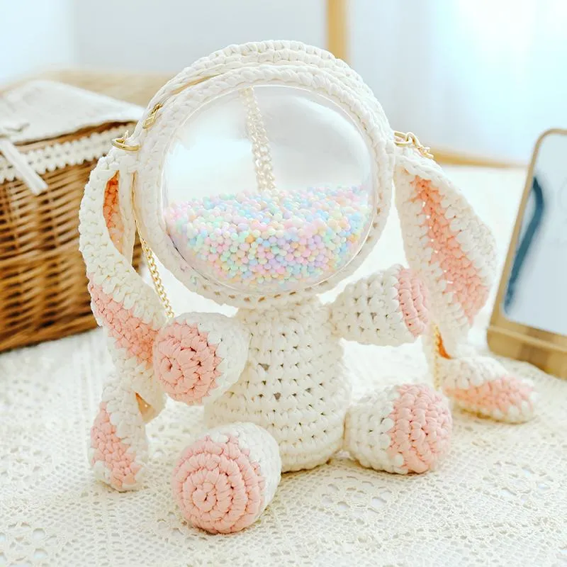 Cute White&Pink Crochet Bunny Backpack Rabbit Crochet Shoulder Bag for Girl Bunny Crochet Crossbody Purse
