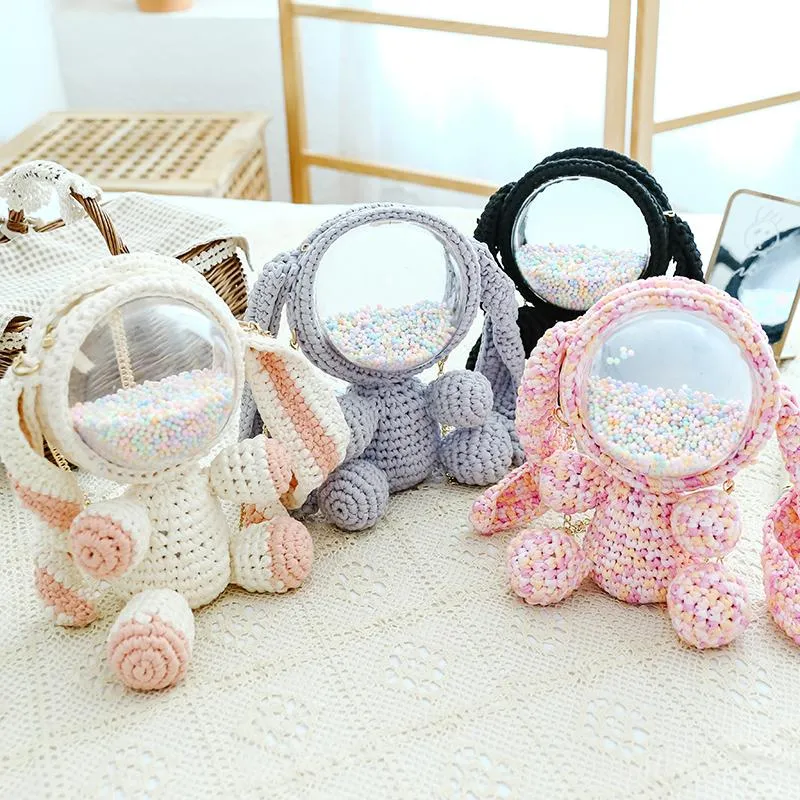 Cute White&Pink Crochet Bunny Backpack Rabbit Crochet Shoulder Bag for Girl Bunny Crochet Crossbody Purse