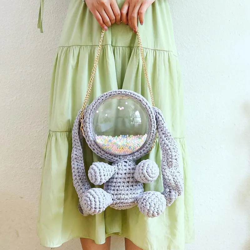 Cute White&Pink Crochet Bunny Backpack Rabbit Crochet Shoulder Bag for Girl Bunny Crochet Crossbody Purse