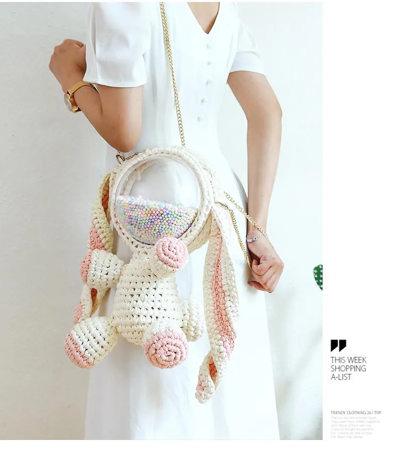 Cute White&Pink Crochet Bunny Backpack Rabbit Crochet Shoulder Bag for Girl Bunny Crochet Crossbody Purse