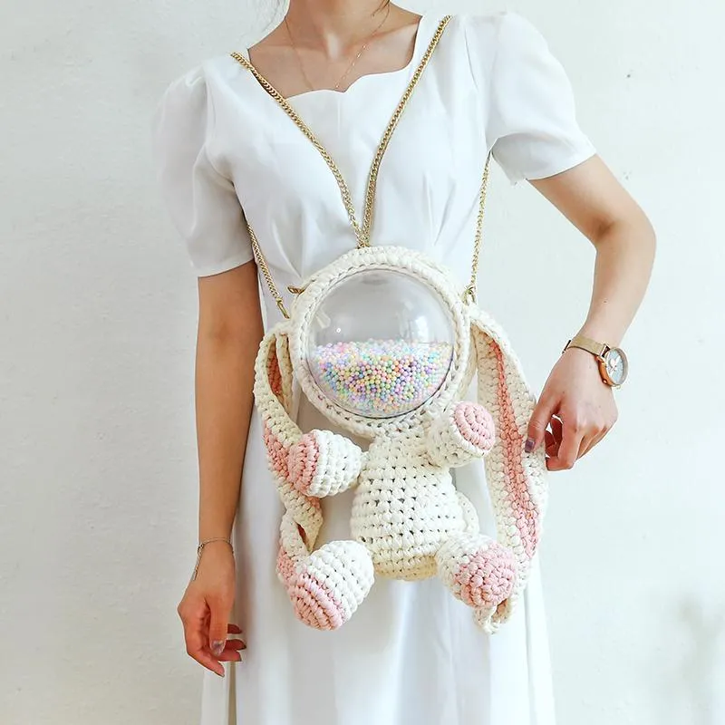 Cute White&Pink Crochet Bunny Backpack Rabbit Crochet Shoulder Bag for Girl Bunny Crochet Crossbody Purse