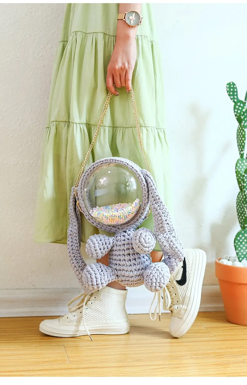 Cute White&Pink Crochet Bunny Backpack Rabbit Crochet Shoulder Bag for Girl Bunny Crochet Crossbody Purse
