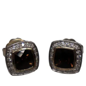 DAVID YURMAN Petite Albion Sterling Silver Pave Diamond Brown Studs Earrings