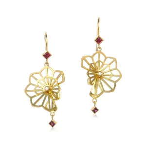 double fold hyacinth earrings in 18k gold with diamonds, tourmalines, and garnets