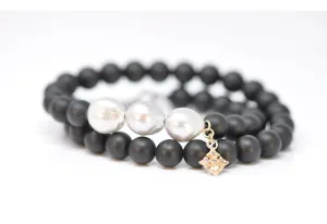 DOUBLE WRAP BEADED BRACELET WITH GOLD CRIVELLI BLACK ONYX 3 FRESH WATER PEARLS