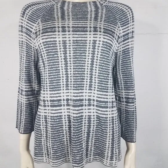 Eileen Fisher gray patterned Tencel Merino Wool blend lightweight sweater Small