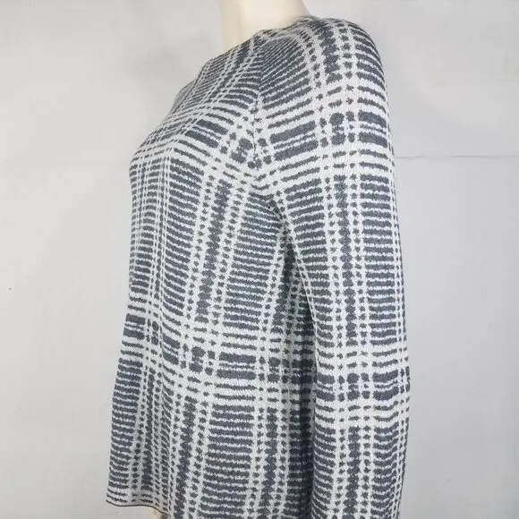 Eileen Fisher gray patterned Tencel Merino Wool blend lightweight sweater Small