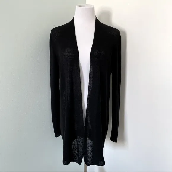 Eileen Fisher Linen Open Front Long Cardigan Size S Black