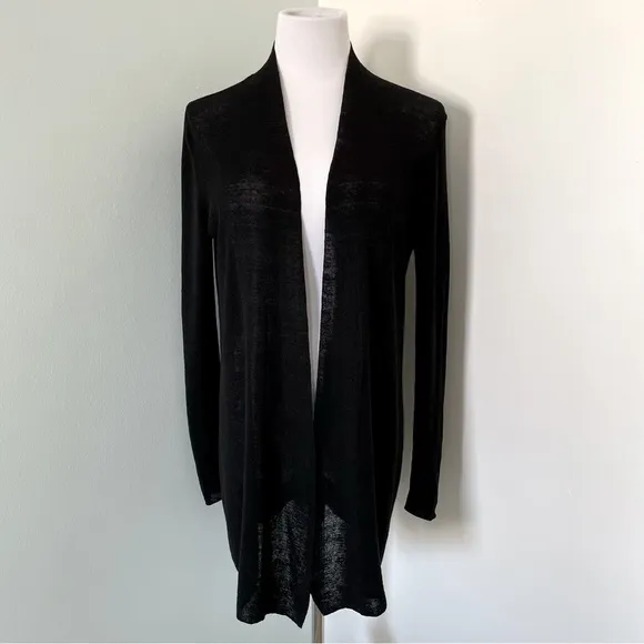 Eileen Fisher Linen Open Front Long Cardigan Size S Black