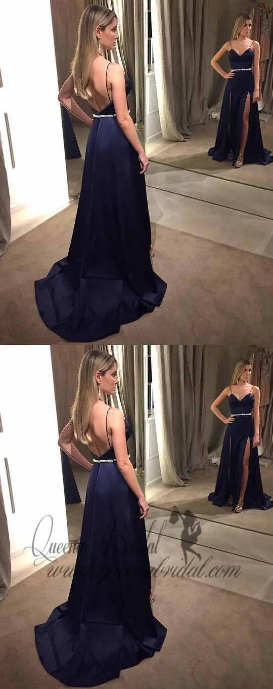Elegant Navy Blue Spaghetti Strap  Side Slit Long Cheap Prom Dresses, QB0475