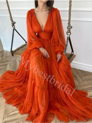 Elegant V-neck Long sleeves A-line Prom Dresses,PDS0791
