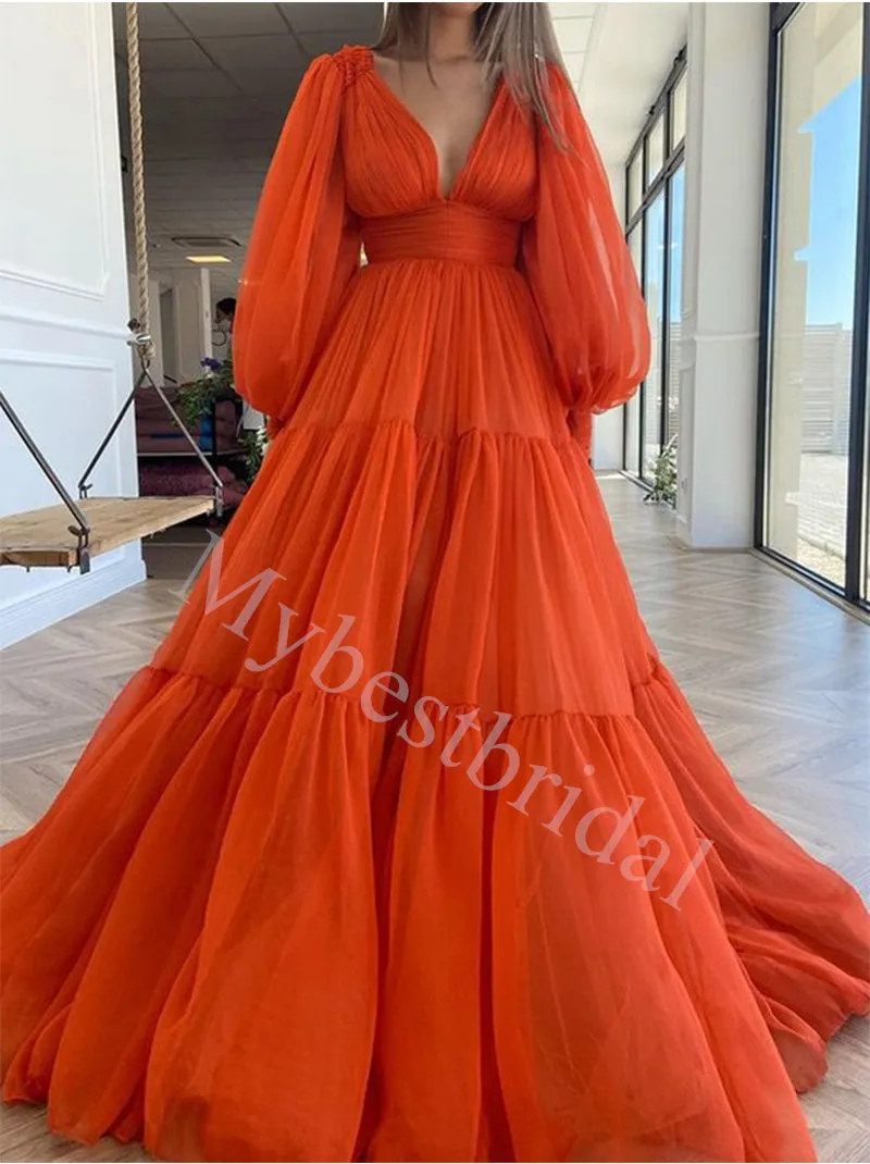 Elegant V-neck Long sleeves A-line Prom Dresses,PDS0791