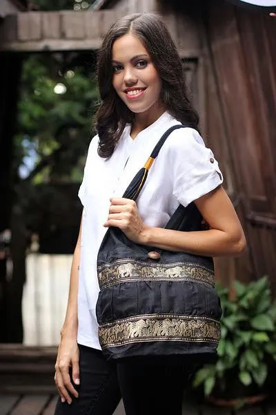 'Elephant Parade' Black Shoulder Bag
