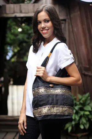 'Elephant Parade' Black Shoulder Bag