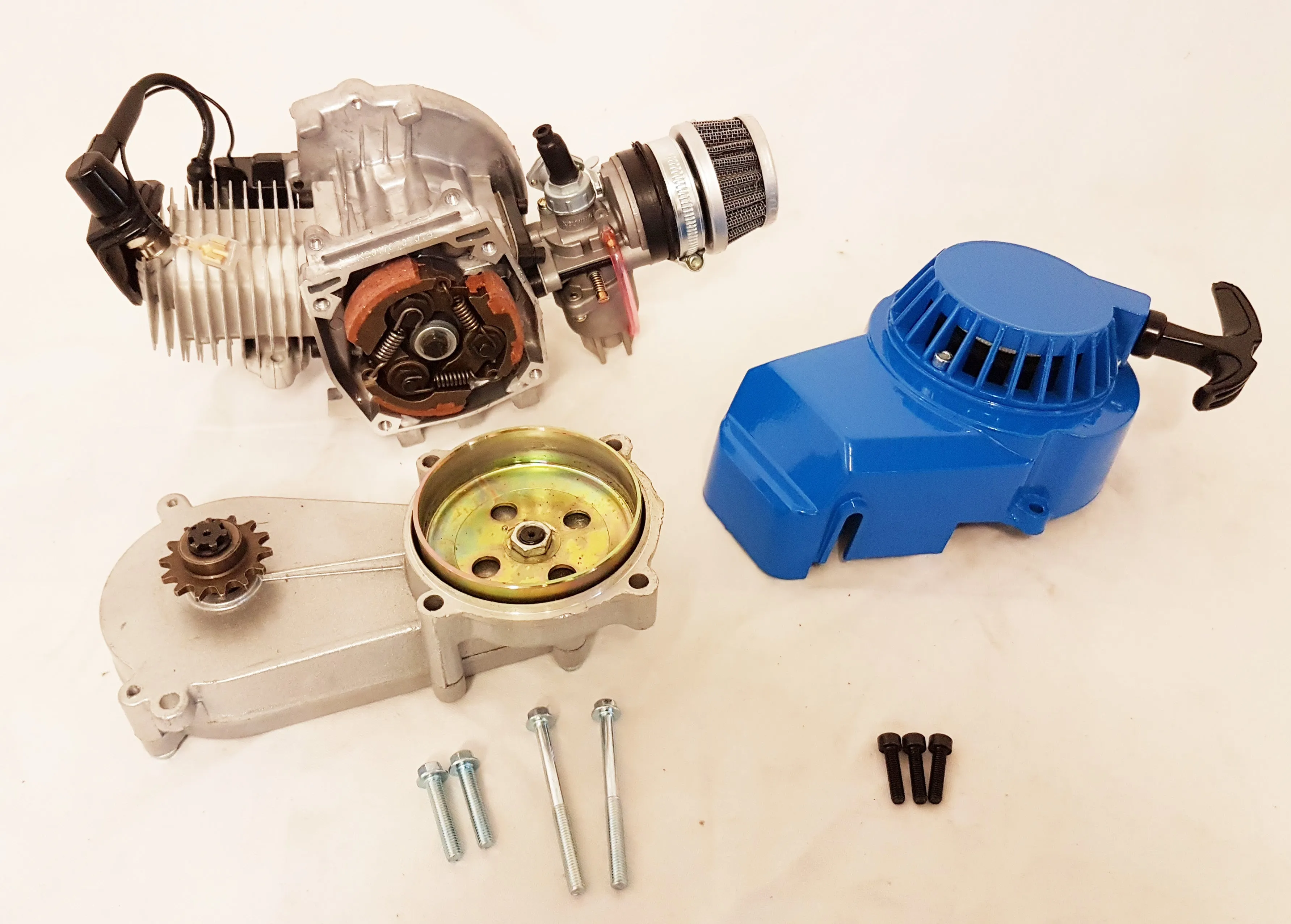 ENG31 COMPLETE ENGINE WITH TRANSFER BOX, BLUE PULL START FOR 49CC MINI DIRT BIKE