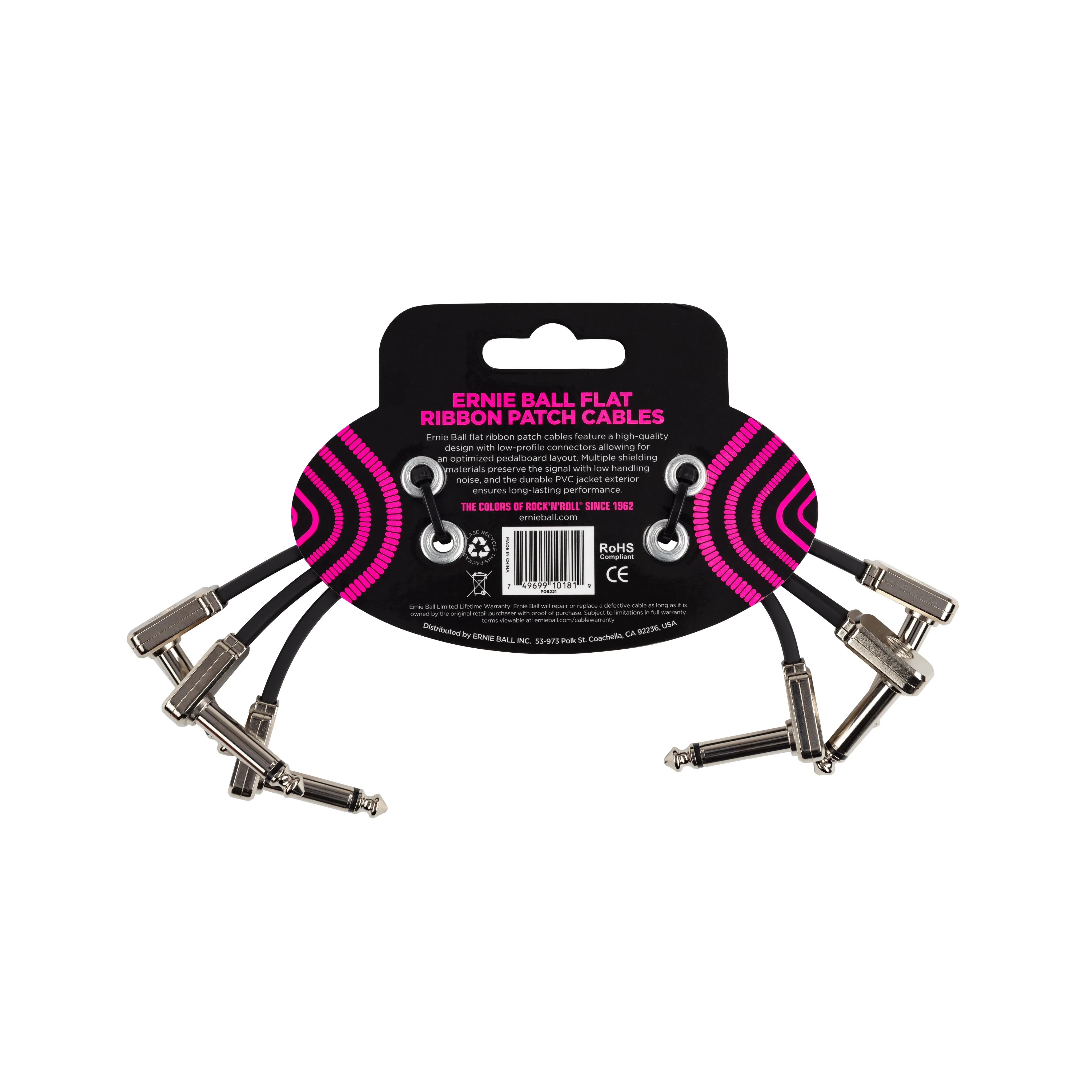 Ernie Ball 6Inch Flat Ribbon Patch Cable, 3-Pack, Black