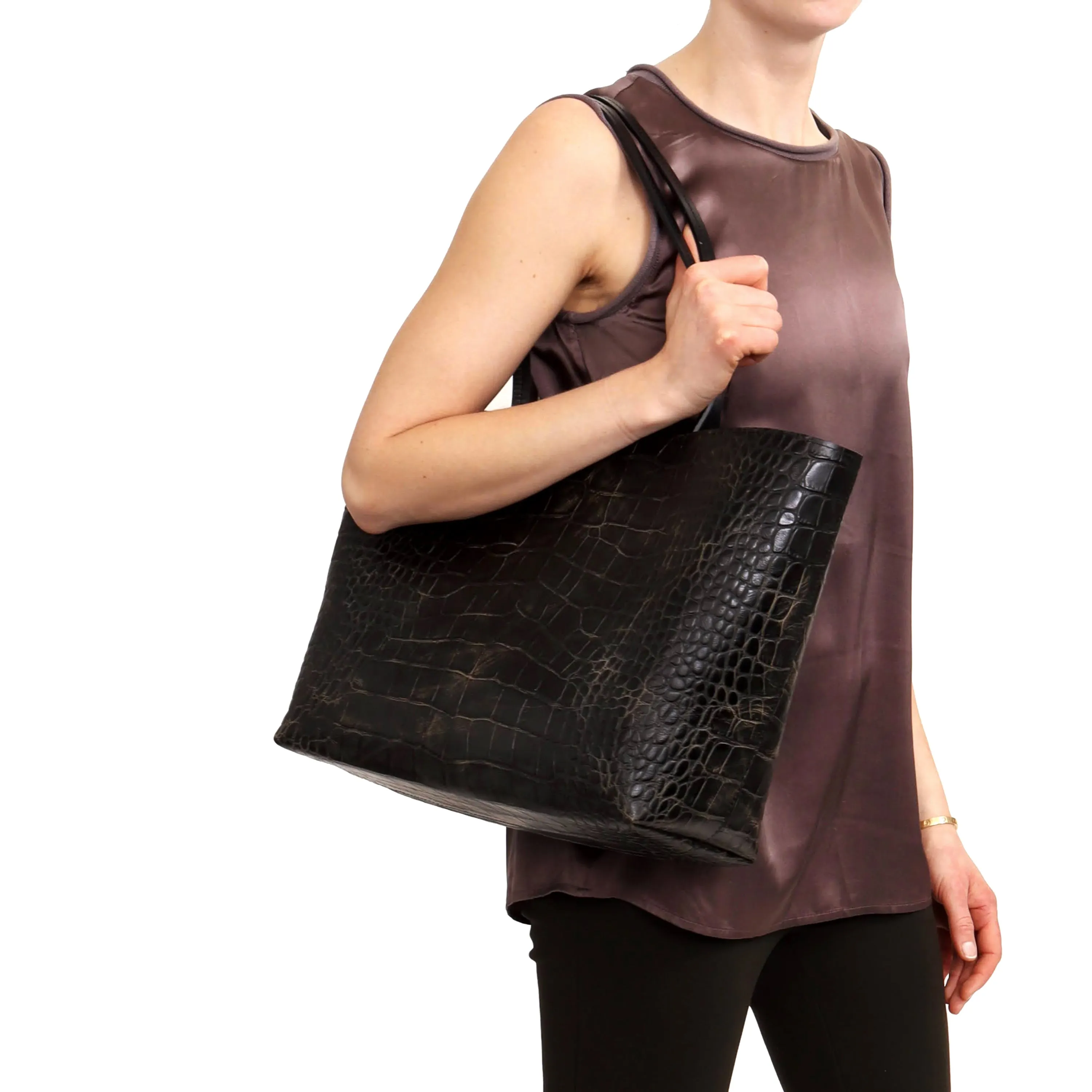 ESSENTIAL TOTE MOSSY BRONZE EMBOSSED CROC
