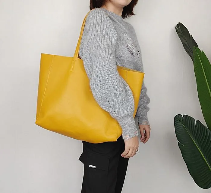 Fashion Womens Yellow Leather Oversize Tote Bag Yellow Shoulder Tote Bag Handbag Tote For Women