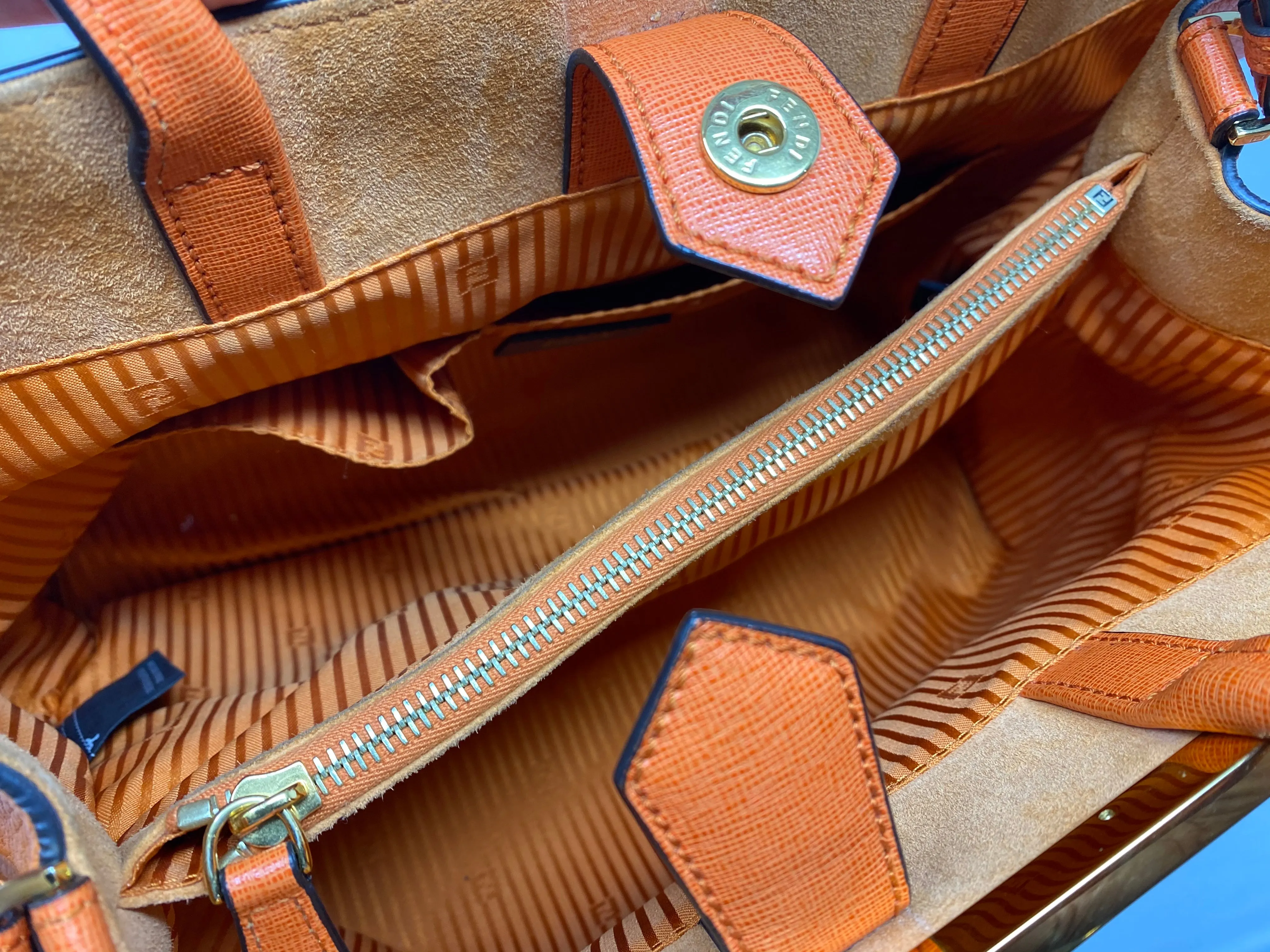 Fendi Tu Jours Orange Leather Top Handle Purse with Shoulder Strap