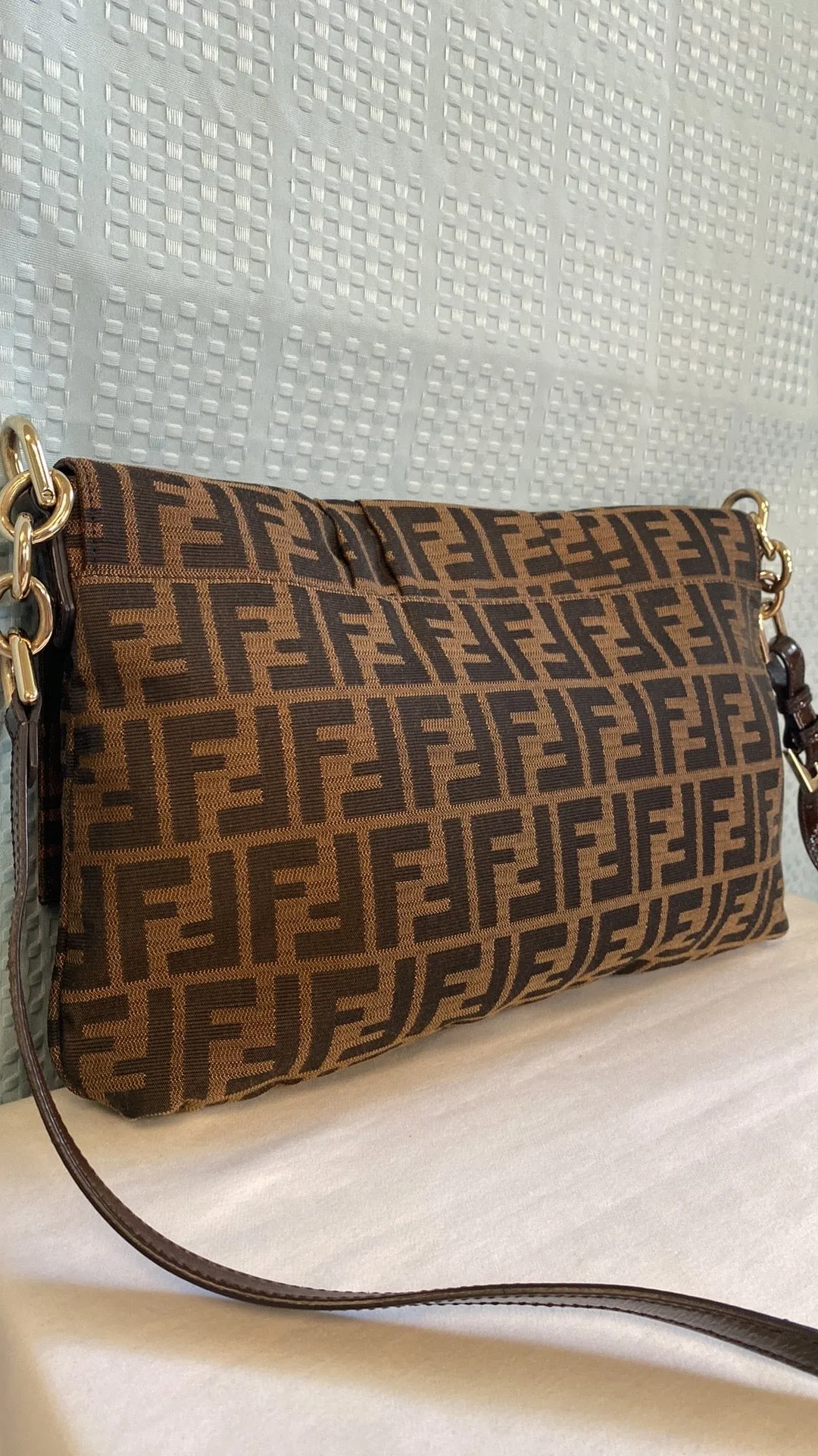 FENDI Zucca Patent Leather Large Mia Shoulder Flap In Tobacco