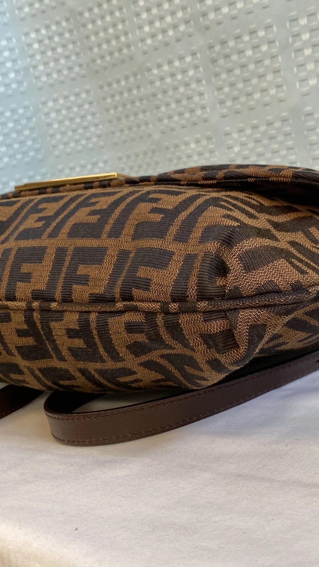 FENDI Zucca Patent Leather Large Mia Shoulder Flap In Tobacco