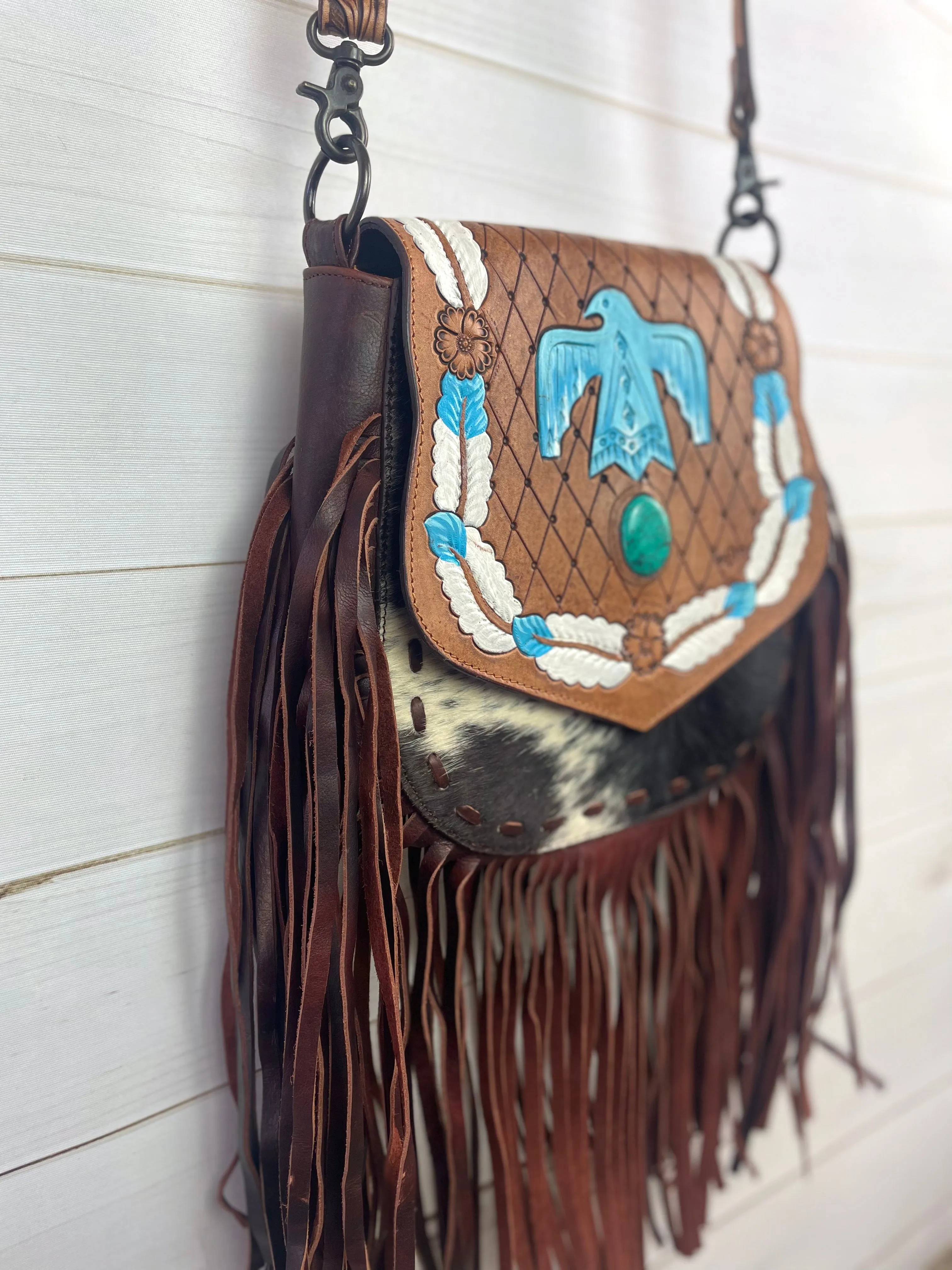 Firebird (Phoenix) Bird Leather Tooled Flap, Hide and Fringe Bag