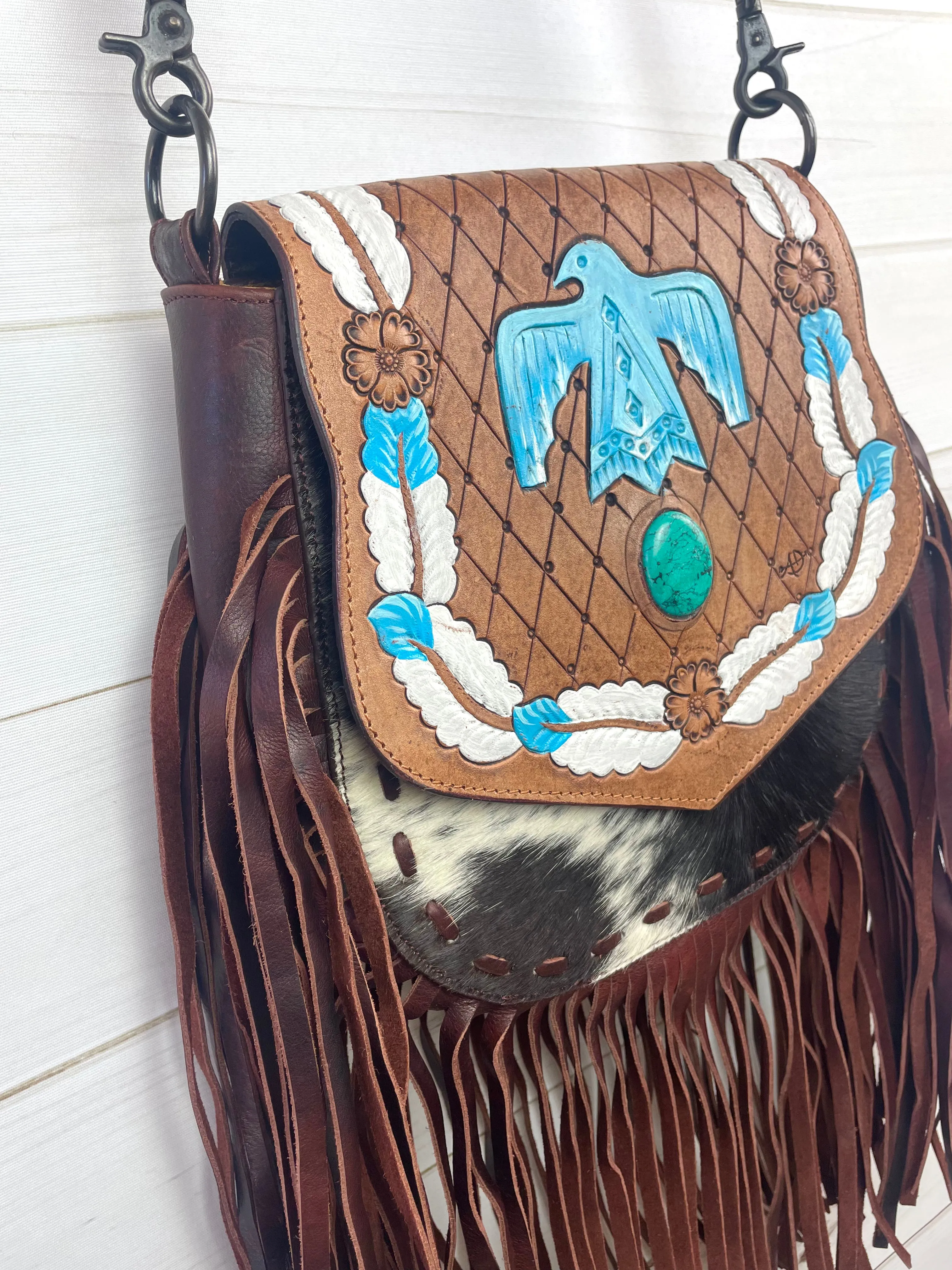 Firebird (Phoenix) Bird Leather Tooled Flap, Hide and Fringe Bag