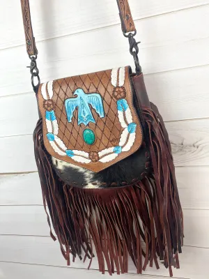 Firebird (Phoenix) Bird Leather Tooled Flap, Hide and Fringe Bag