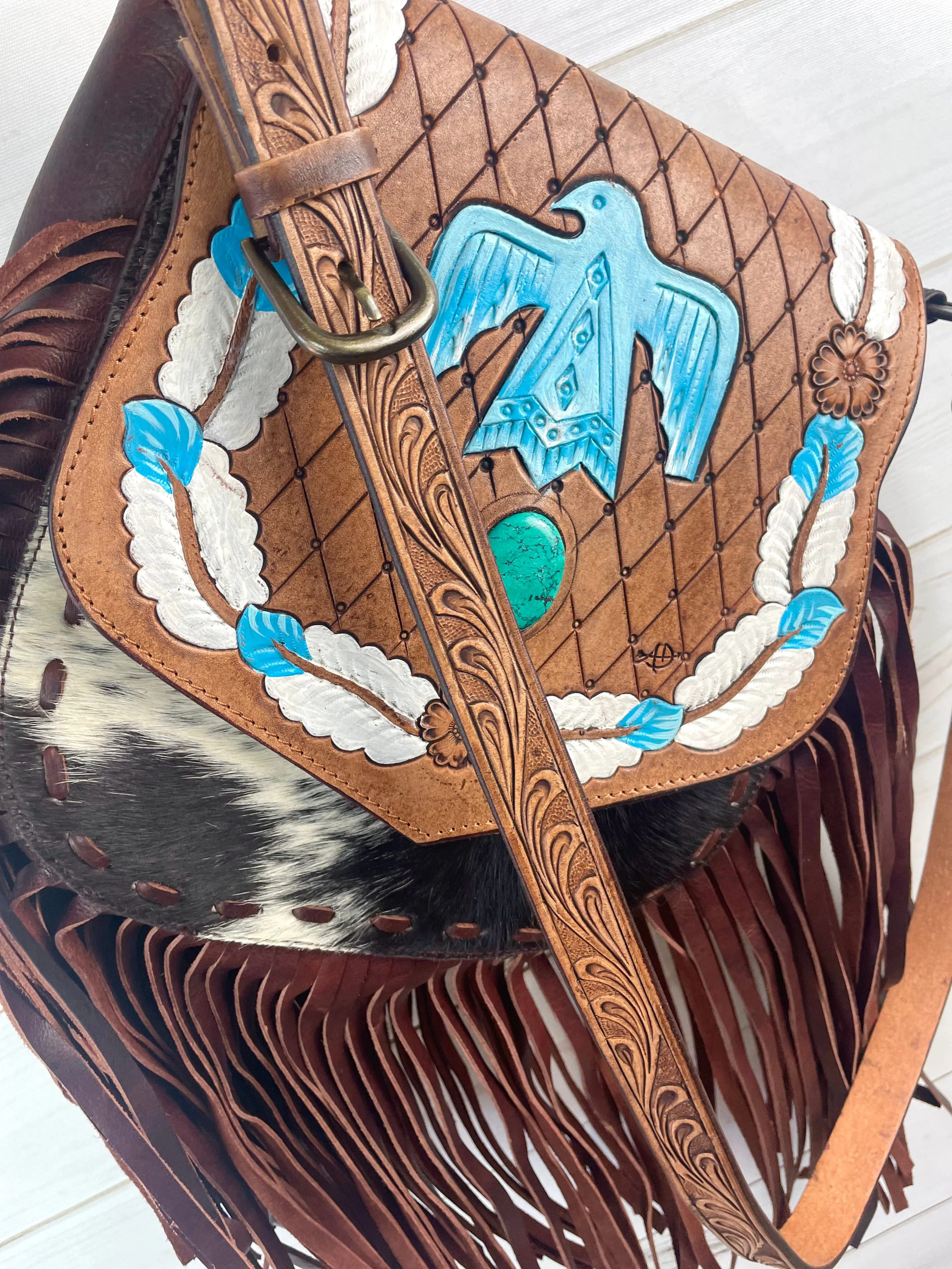 Firebird (Phoenix) Bird Leather Tooled Flap, Hide and Fringe Bag