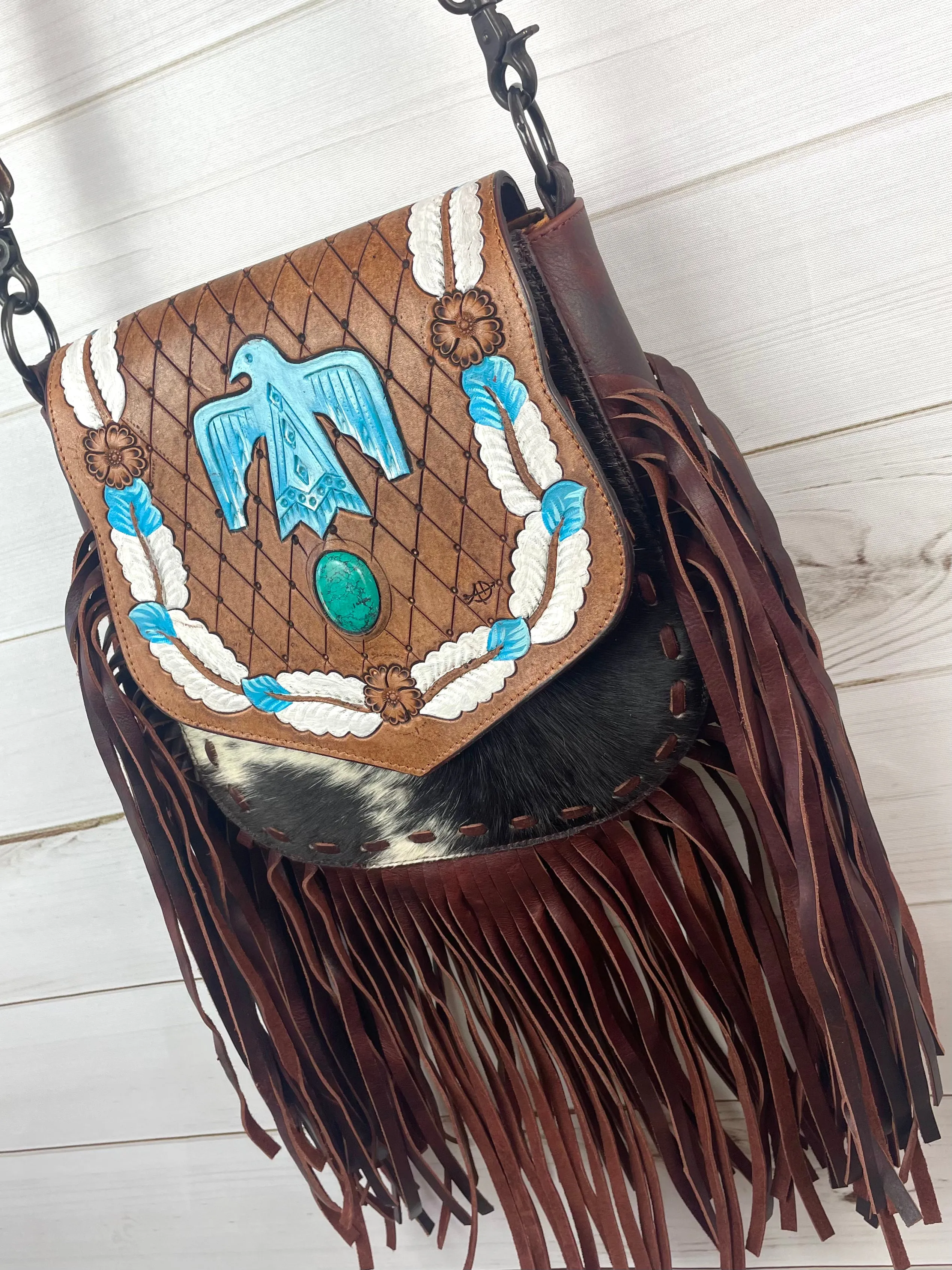Firebird (Phoenix) Bird Leather Tooled Flap, Hide and Fringe Bag