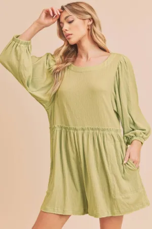 Frill Round Neck Long Sleeve Romper with Pockets