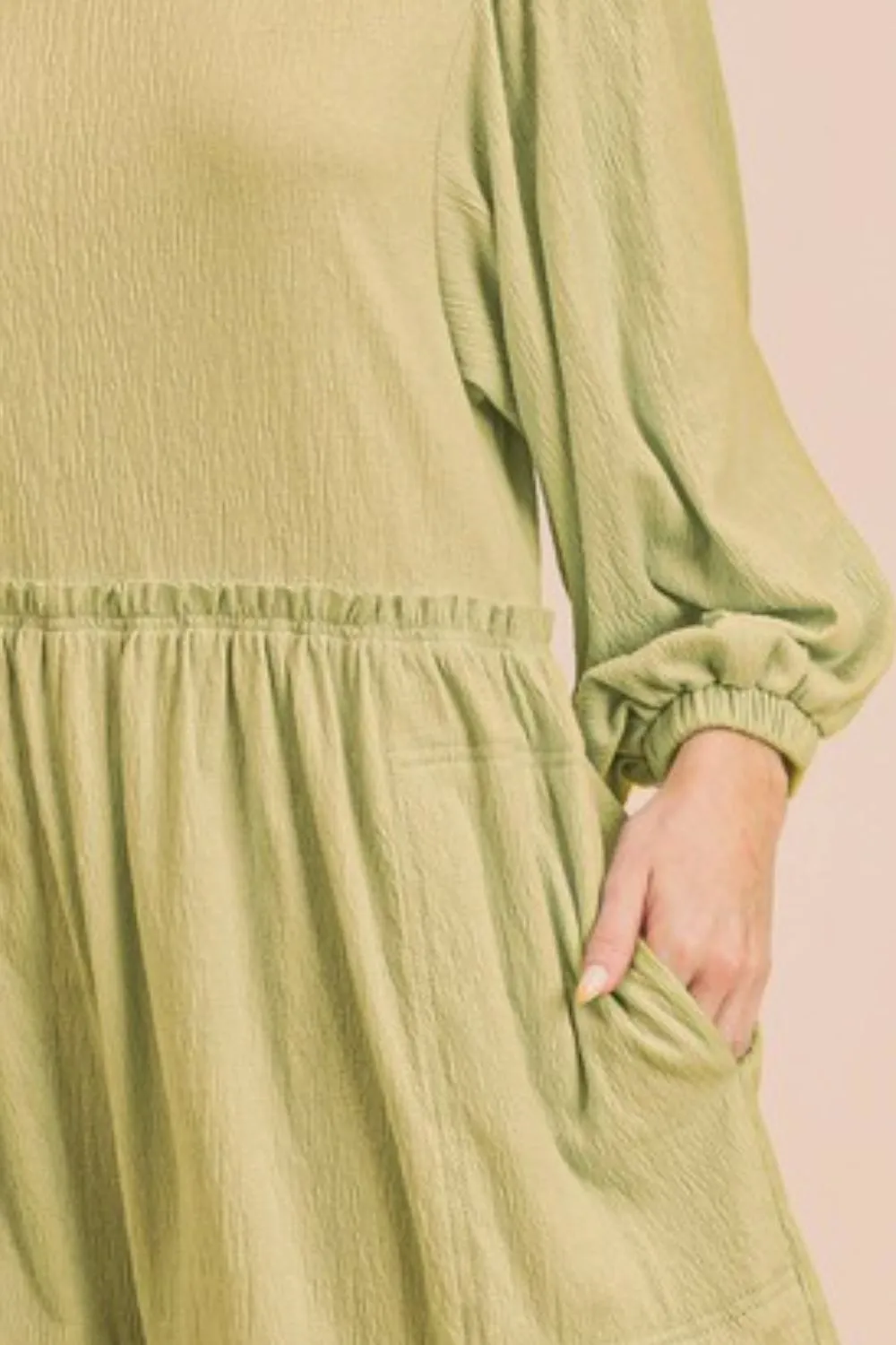 Frill Round Neck Long Sleeve Romper with Pockets