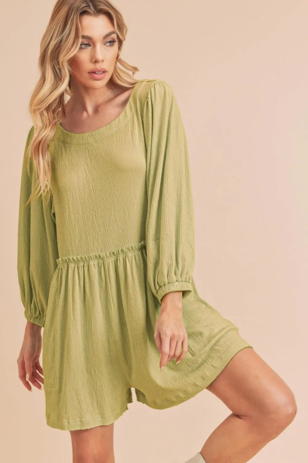 Frill Round Neck Long Sleeve Romper with Pockets