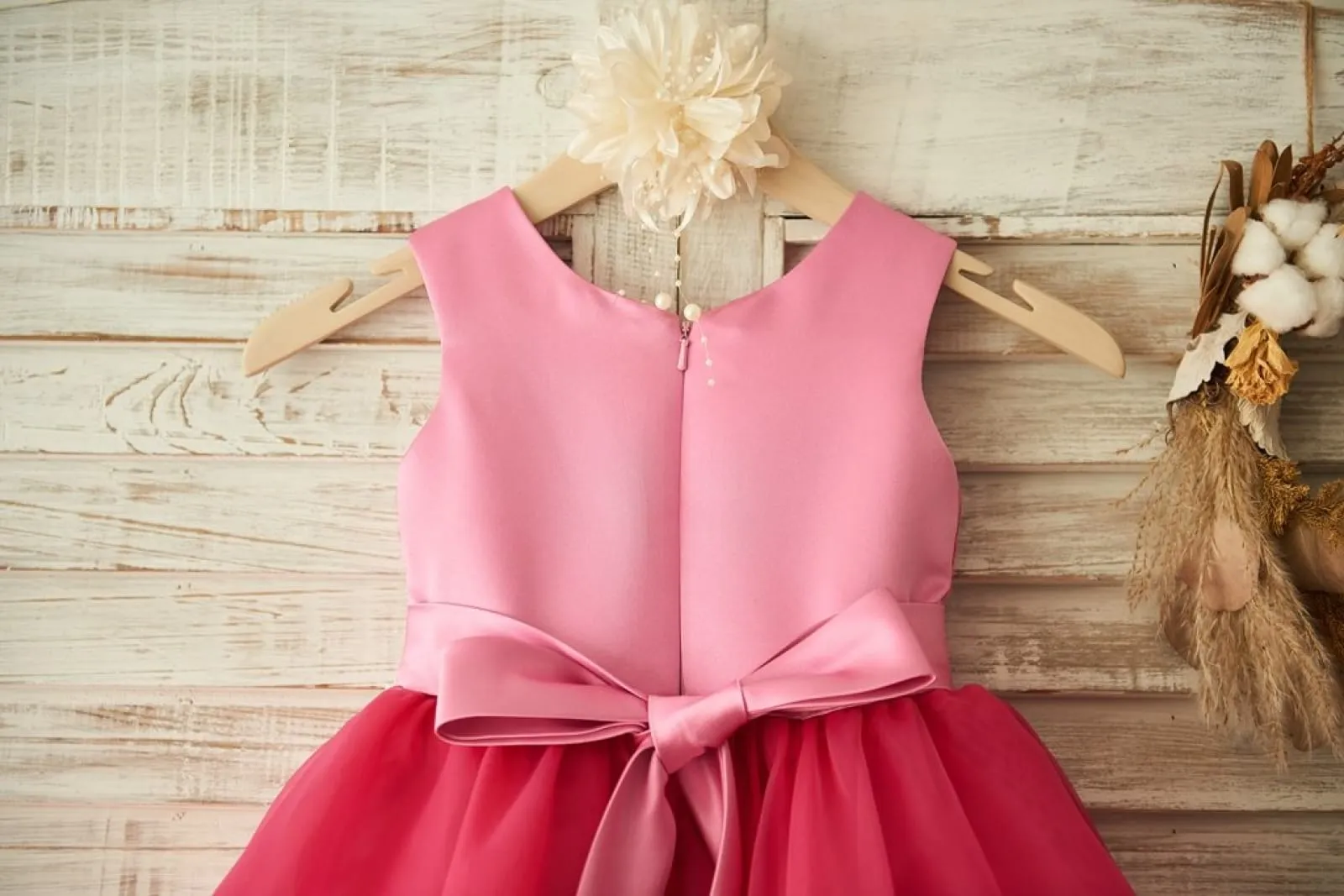 Fuchsia Lace Organza Wedding Flower Girl Dress, Belt / Bow