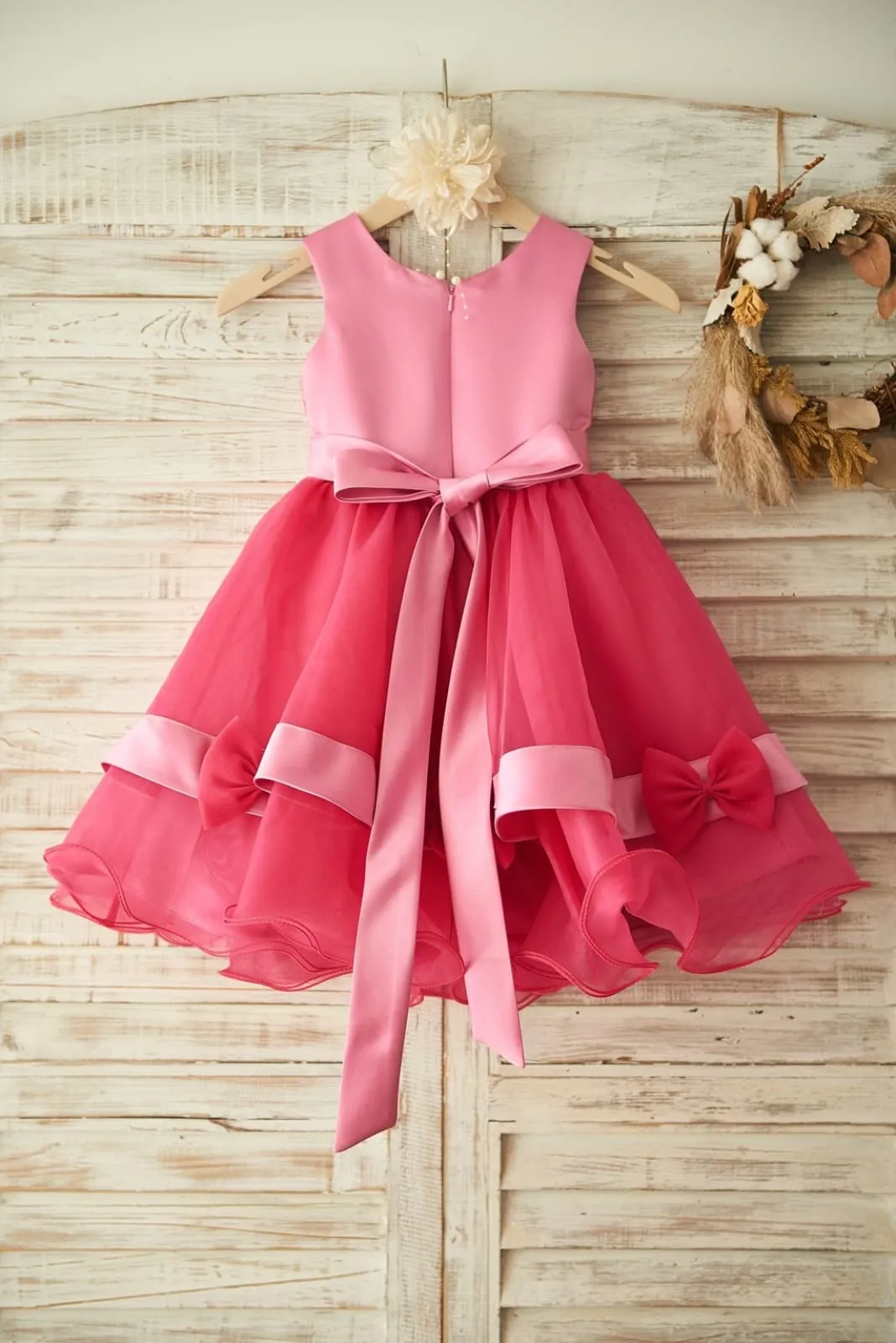 Fuchsia Lace Organza Wedding Flower Girl Dress, Belt / Bow