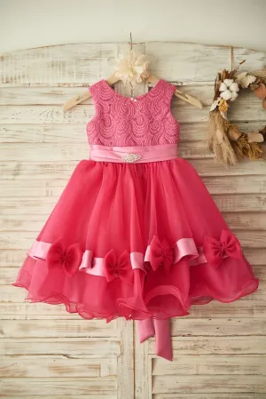 Fuchsia Lace Organza Wedding Flower Girl Dress, Belt / Bow