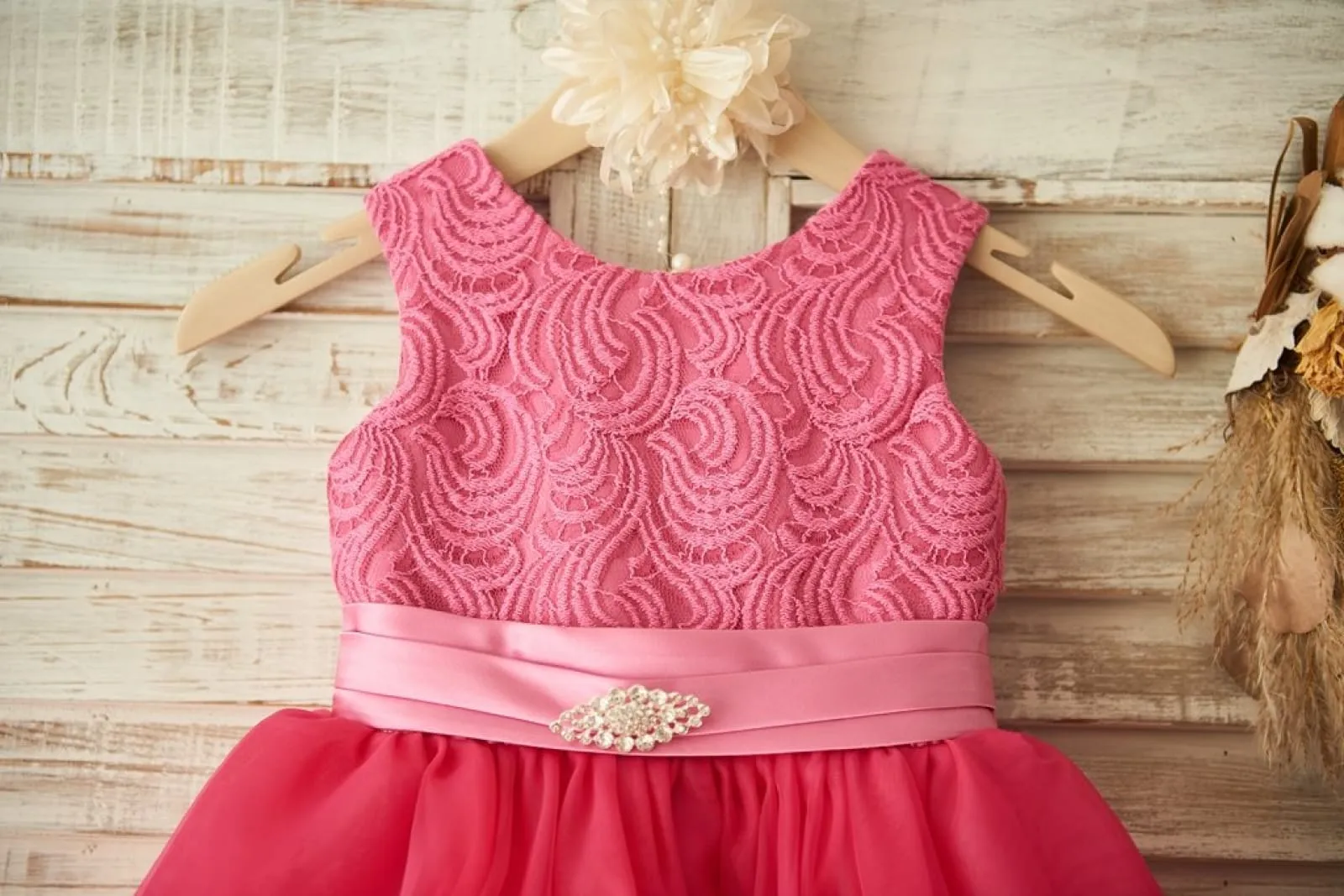 Fuchsia Lace Organza Wedding Flower Girl Dress, Belt / Bow