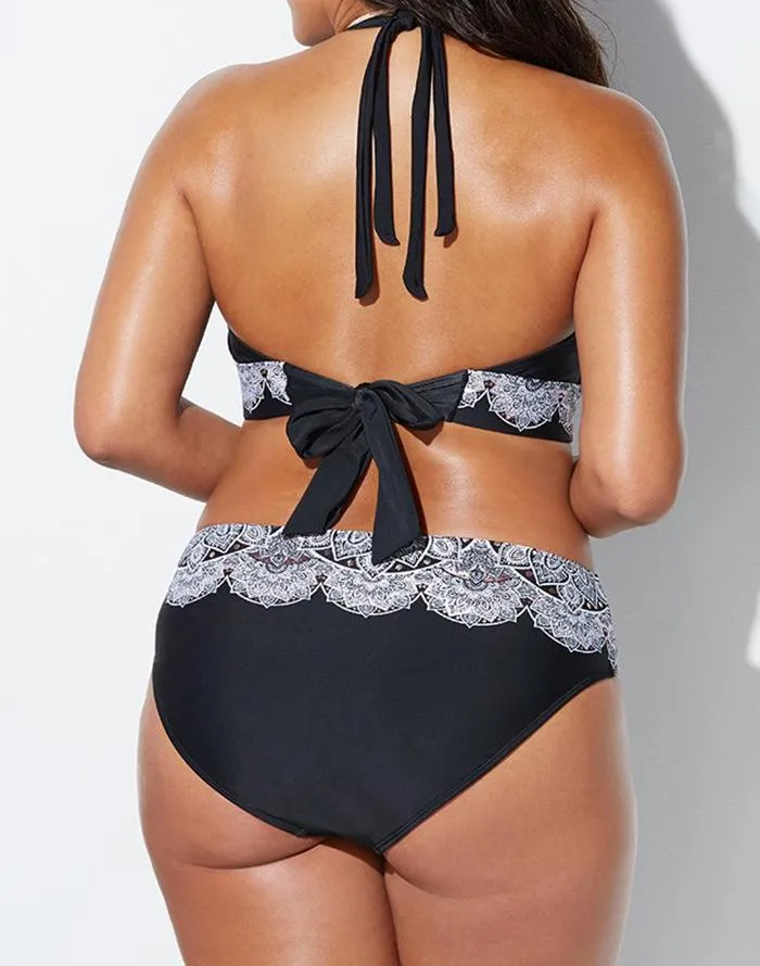 FULLFITALL - Black White Lace Print V-Neck Halter Bikini Set