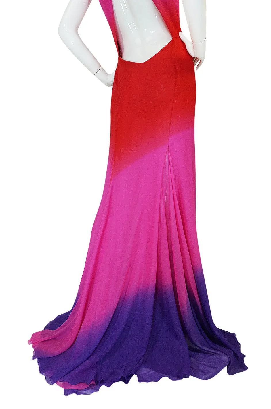 F/W 2002 Runway Versace Pink Ombre Backless Silk Chiffon Dress
