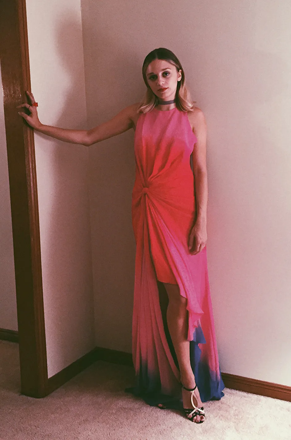 F/W 2002 Runway Versace Pink Ombre Backless Silk Chiffon Dress