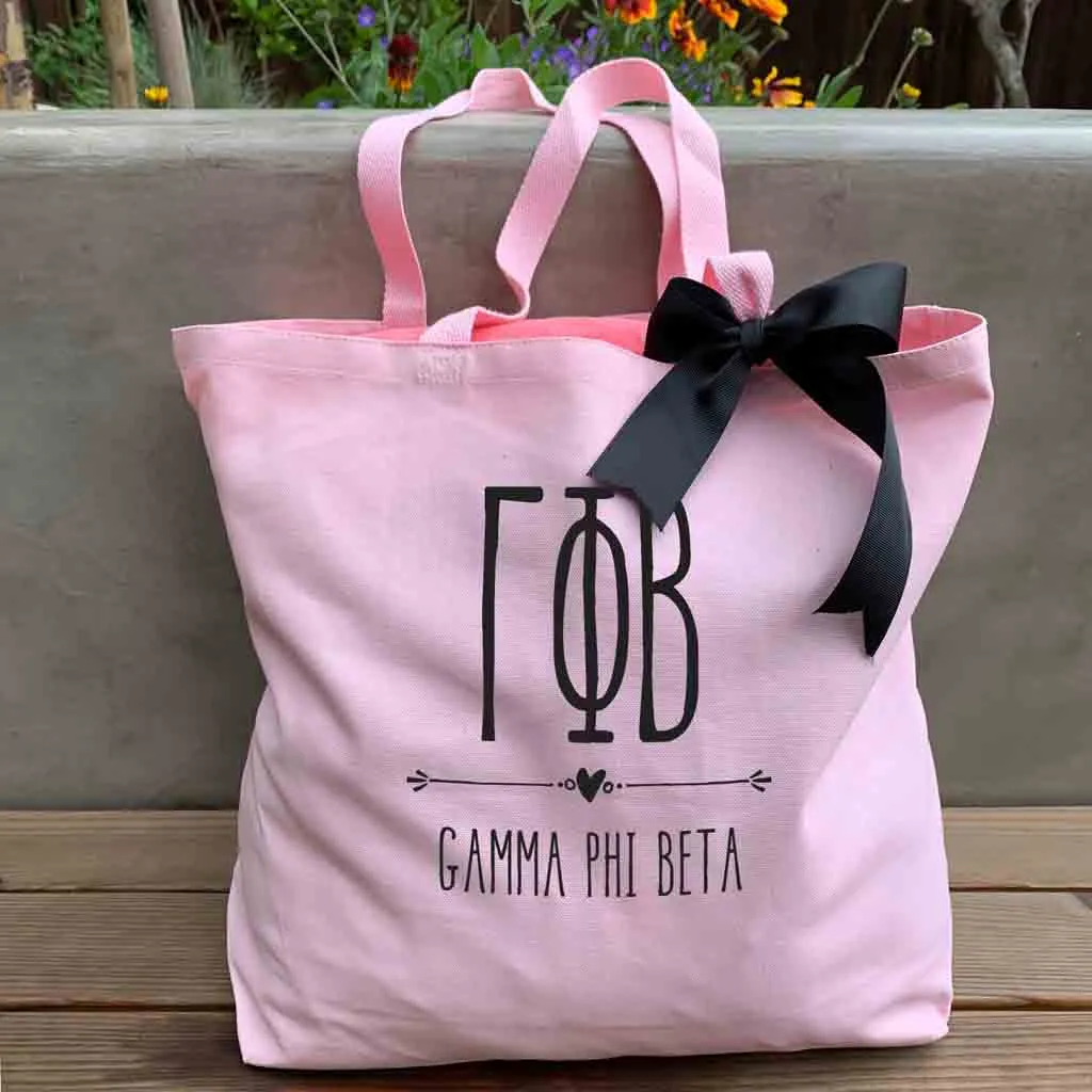 Gamma Phi Beta Pink Canvas Tote Bag with Black Bow