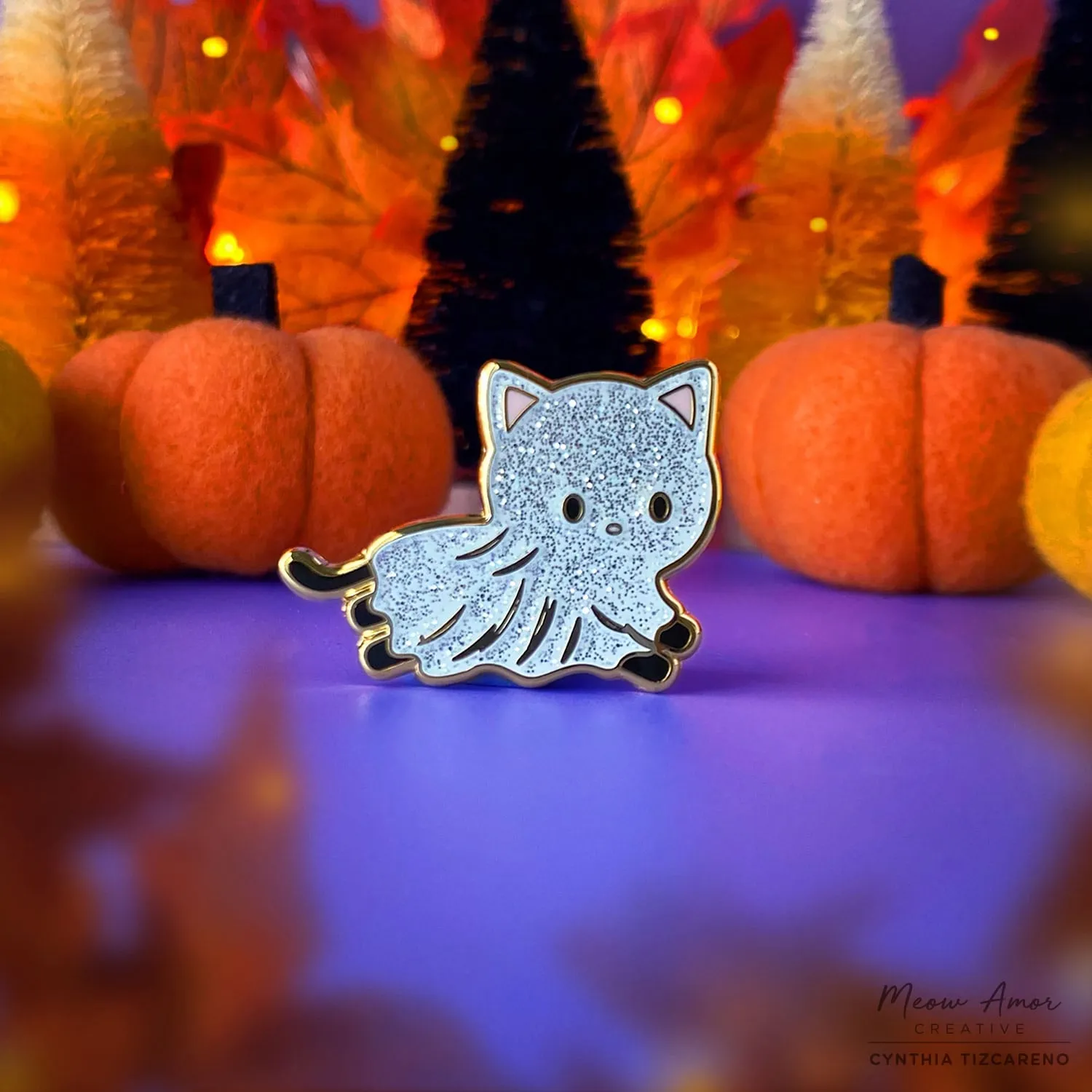 Ghost Cat Glitter Enamel Pin